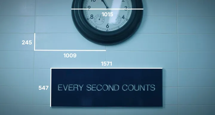 The season 2 still marked up in pixels: the sign is 1571 by 547, a tile 1009 by 245, and the clock 1015 wide