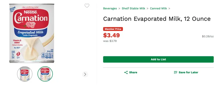 Store listing for a 12-ounce can of Carnation Evaporated Milk