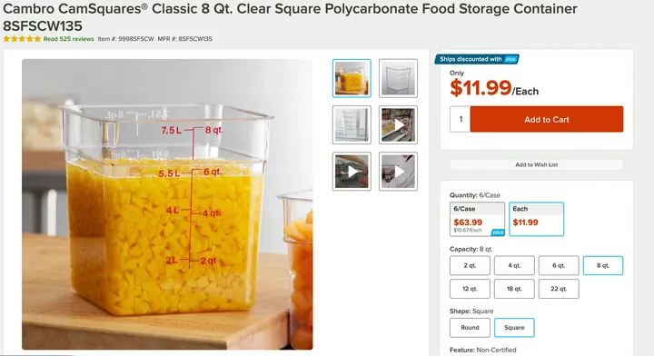 Product page for the Cambro CamSquares 8-quart clear square food storage container
