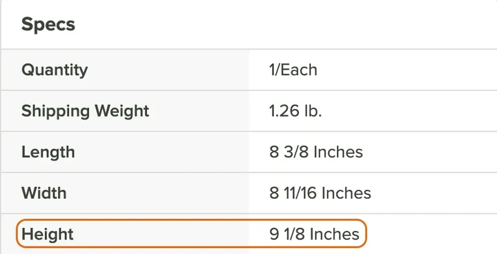Spec sheet for the 8-quart Cambro container, with its height of 9 1/8 inches circled
