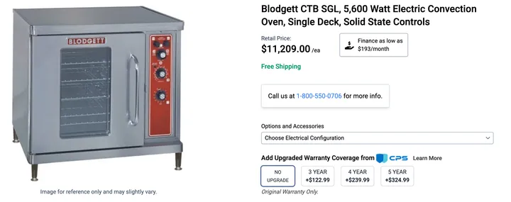 Product listing for the Blodgett CTB SGL electric convection oven