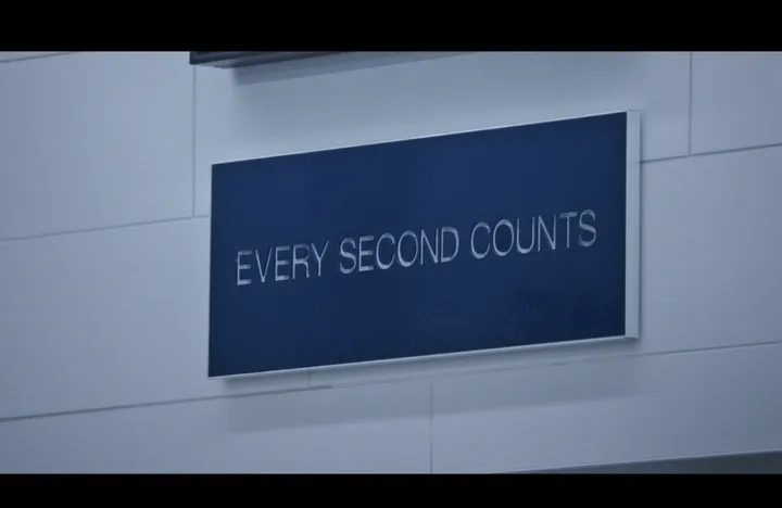 Season 3 still: close-up of the sign on a white tiled wall, its surface catching the light